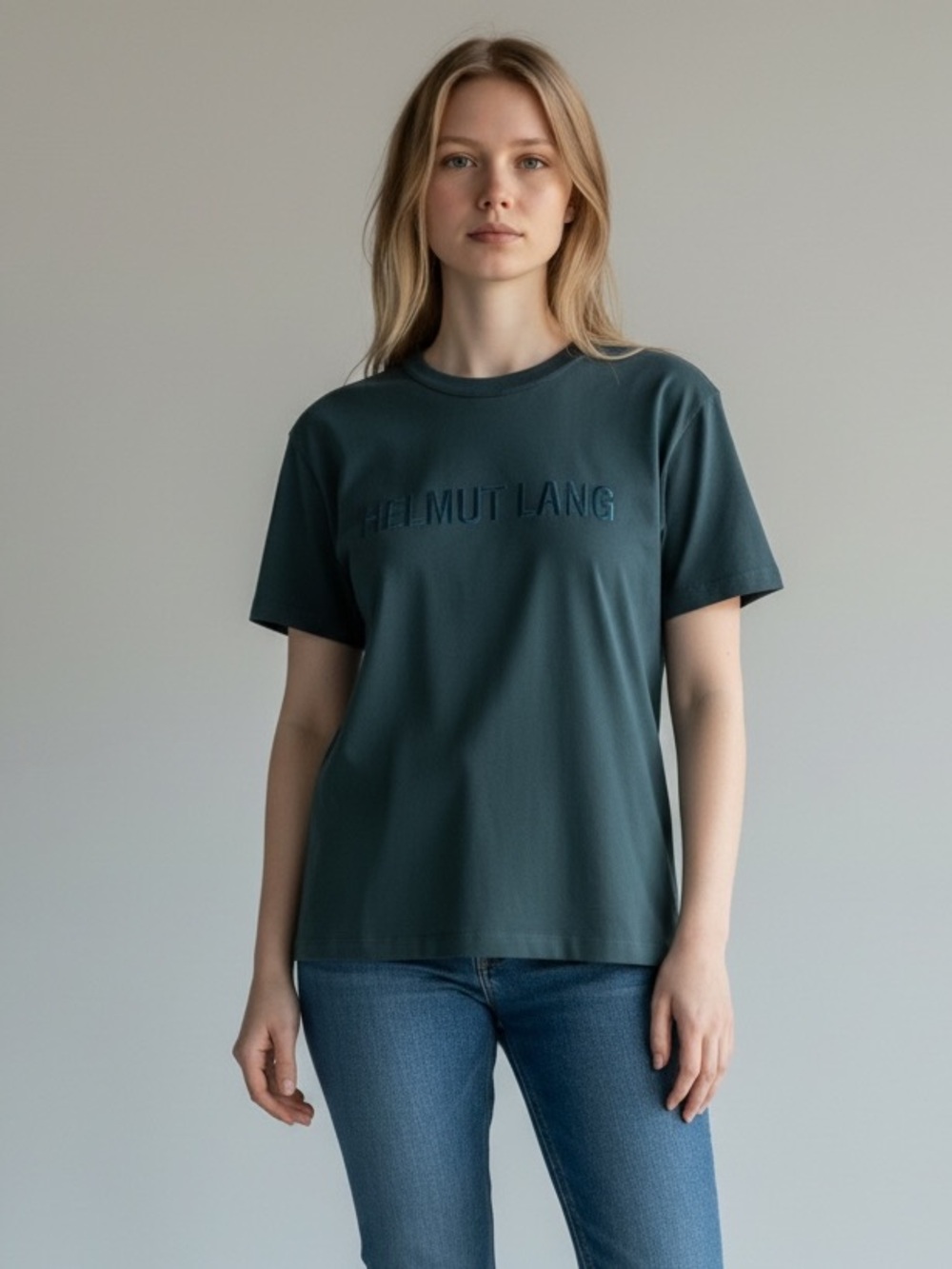NWT Helmut Lang Embroidered Spell Out Jersey Tee Deep Sea Size Large